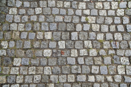 Old Cobbled Stones Road Texture Close up with Autumn Leaves and Green Grassの写真素材