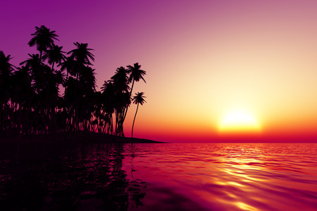 coconut islands at orange sunset over tropic seaの写真素材