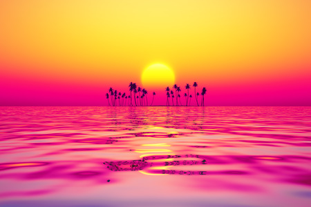 orange sky over coconut island at purple sunset