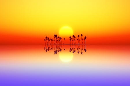 orange sky over coconut island at red sunsetの写真素材