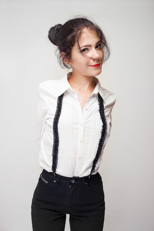 fun pretty girl smiling on white backgroundの写真素材