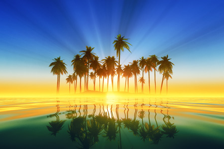 turquoise sun rays inside coconut palms island on tranquil tropic seaの写真素材
