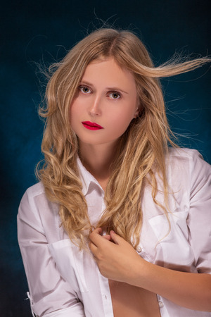 pretty girl with flying hair portraitの写真素材