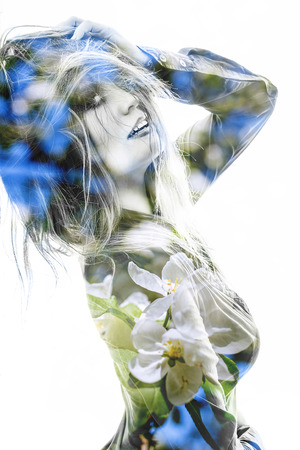 sensual pretty woman portrait with double exposure effectの写真素材