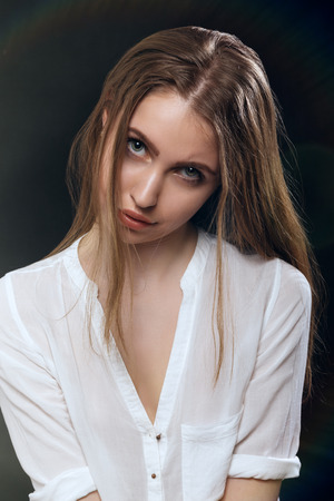 sensual girl portrait in light flareの写真素材