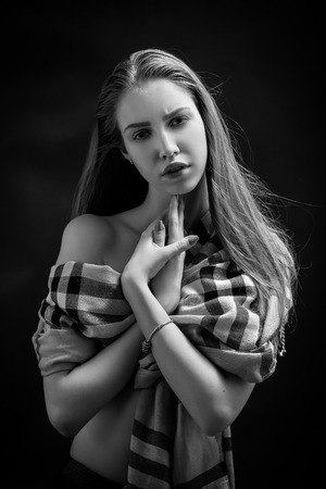 sensual girl with bared shoulders monochromeの写真素材
