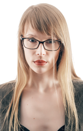 beautiful woman wearing eyeglasses isolated on white backgroundの写真素材
