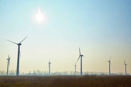 Wind turbine farm at morning time, image with copyspaceの写真素材