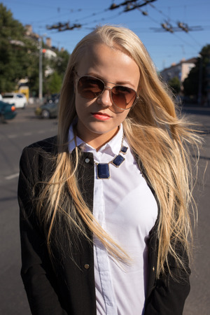blond woman in the cityの写真素材