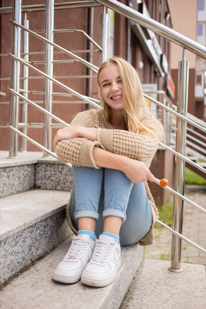 happy woman with braces smilingの写真素材