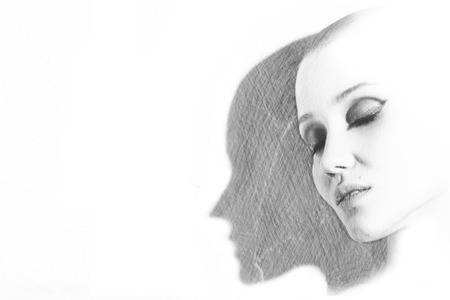 drawn portrait of beautiful sensual female head with shadowの写真素材