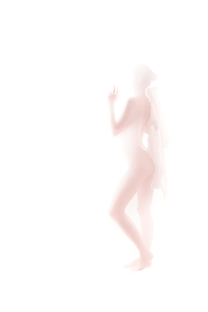 unrecognizable woman undressing on white background, blurred imageの写真素材