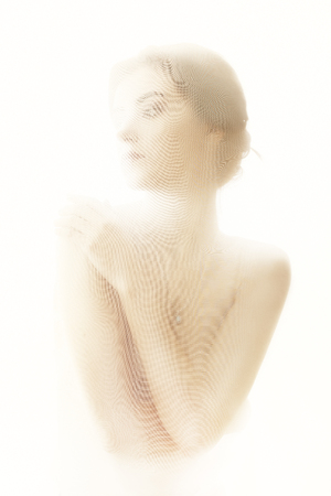 naked sensual woman with veil on white background, cover her bodyの写真素材