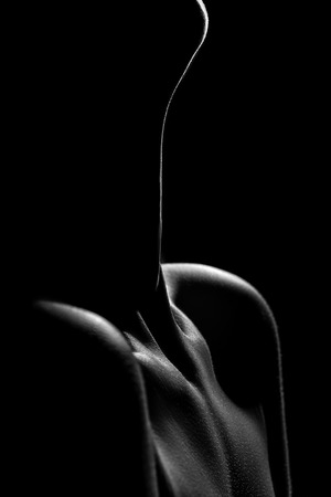 beautiful female slim neck with clavicle on black background, monochromeの写真素材