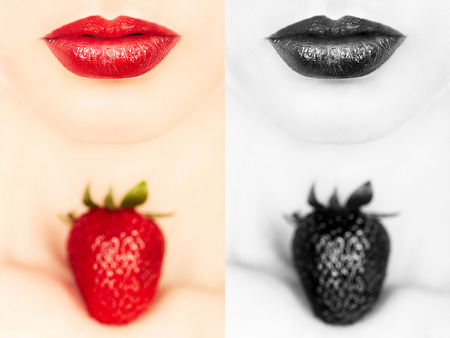 young sensual woman with juicy strawberry on her clavicles, closeup view, monochrome and color collageの写真素材