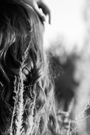 woman with long hairs in dry grass rear view closeup, monochromeの写真素材