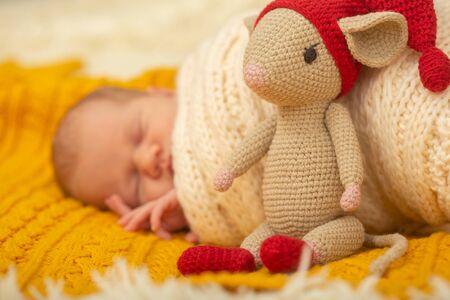 cute newborn girl sleeping on on knitted background closeup portrait with mouse toyの写真素材