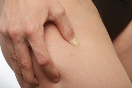 young female hand test cellulite on her leg closeup view