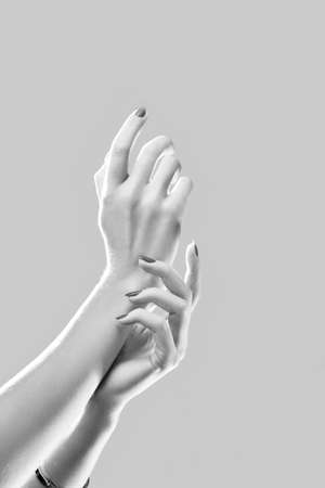 luxury female hands on white background posing close up, monochromeの写真素材