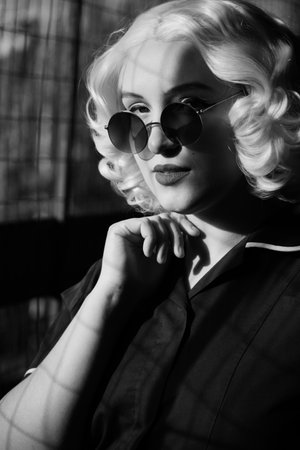 serious young blond woman retro style portrait, monochrome