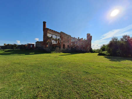 ruins of an old medieval German castle on a green meadow on a sunny morningの写真素材
