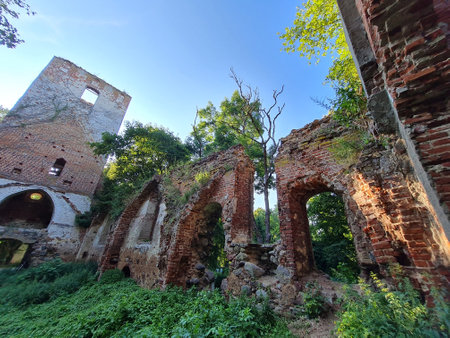 ruins of an old german gothic church in east prussia russiaの写真素材
