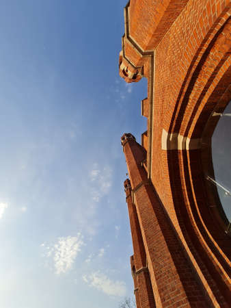 medieval towers closeup view on blue sky background with copy space