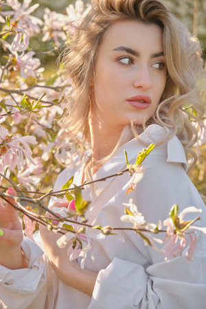 Happy woman smiling near magnolia tree with blossoming flowersの写真素材
