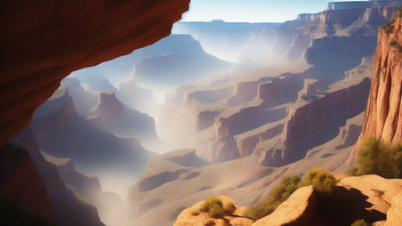 Toroweap point at sunrise, Grand Canyon National Park. Panoramic View Of Grand Canyon Against Sky. Amazing pano view of the Grand Canyon from the south rim. The convoluted gorge formed over millions of years by the Colorado River, erosion, and gravity. AI generated illustrationの写真素材