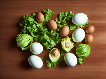 Healthy ketogenic low carb food for a balanced diet. Eggs, greens, avocado, cabbage. AI generated illustrationの写真素材