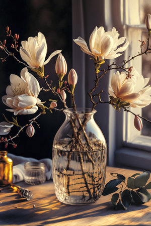 pink magnolia blooms in simple glass jar indoors at the evening golden light Illustration Generative AIの素材