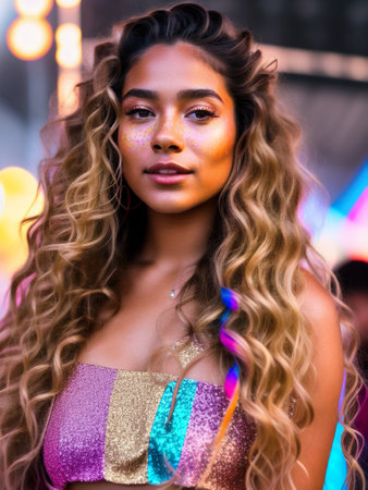 Beautiful young woman close-up. Outside close-up portrait of beautiful young happy curly woman with...