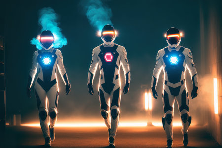 group of astronauts explore a planet in outer space with a stellar and cosmic background. AI generated illustrationの写真素材