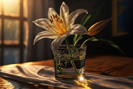 Spring lily blooms in simple glass jar indoors at the evening golden light Illustration Generative AIの素材