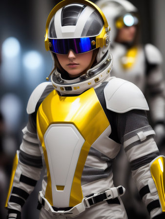 Futuristic spacesuit, astronaut, cyborg. fantasy character action. Portrait of a woman astronaut in a space suit, dreamy look up. AI generated illustrationの写真素材