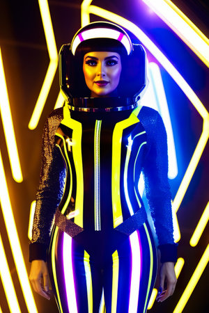 people in futuristic glittery suits retro style in night disco club party. AI generated illustrationの素材