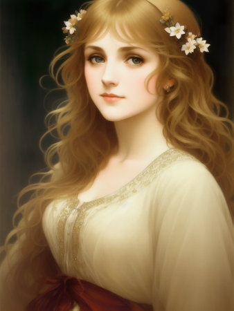 Art Nouveau styled woman with flowers and frame. Pretty beautiful woman in Alphonse Mucha style AI generated illustrationの素材