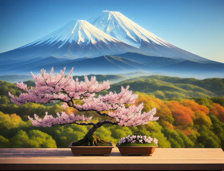 Fuji mountain and bonsai cherry blossoms in spring, Colorful Spring Season and Mountain Fuji with morning fog and red leaves at lake Kawaguchiko is one of the best places in Japan. AI generated illustrationの素材