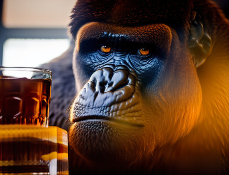 sad mature ape sitting in pub near bar, drinks beer, alcohol addiction. AI generated illustrationの素材