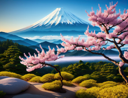 Fuji mountain and bonsai cherry blossoms in spring, Colorful Spring Season and Mountain Fuji with morning fog and red leaves at lake Kawaguchiko is one of the best places in Japan. AI generated illustrationの素材