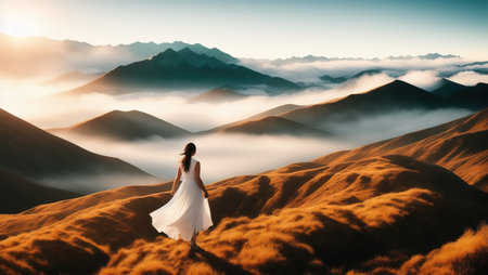 woman standing on top of a mountain, looking out at a vast landscape, symbolizing the freedom and possibility of a new beginning. AI generated illustrationの素材