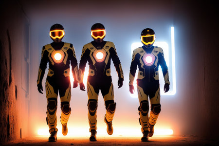 group of astronauts explore a planet in outer space with a stellar and cosmic background. AI generated illustrationの素材