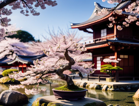 Fuji mountain and bonsai cherry blossoms in spring, Colorful Spring Season and Mountain Fuji with morning fog and red leaves at lake Kawaguchiko is one of the best places in Japan. AI generated illustrationの素材