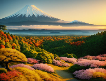 Fuji mountain and cherry blossoms in spring, Colorful Spring Season and Mountain Fuji with morning fog and red leaves at lake Kawaguchiko is one of the best places in Japan. AI generated illustrationの素材