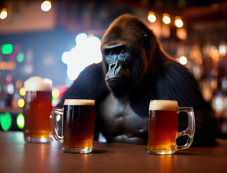 sad mature ape sitting in pub near bar, drinks beer, alcohol addiction. AI generated illustrationの素材