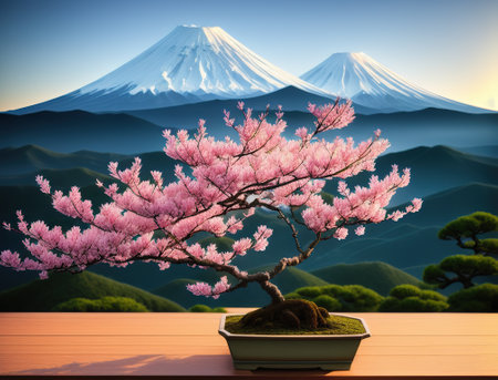 Fuji mountain and bonsai cherry blossoms in spring, Colorful Spring Season and Mountain Fuji with morning fog and red leaves at lake Kawaguchiko is one of the best places in Japan. AI generated illustrationの素材