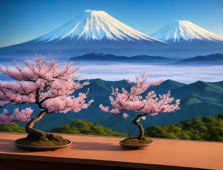 Fuji mountain and bonsai cherry blossoms in spring, Colorful Spring Season and Mountain Fuji with morning fog and red leaves at lake Kawaguchiko is one of the best places in Japan. AI generated illustrationの素材