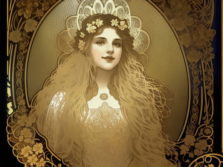 Art Nouveau styled woman with flowers and frame. Pretty beautiful woman in Alphonse Mucha style AI generated illustrationの素材