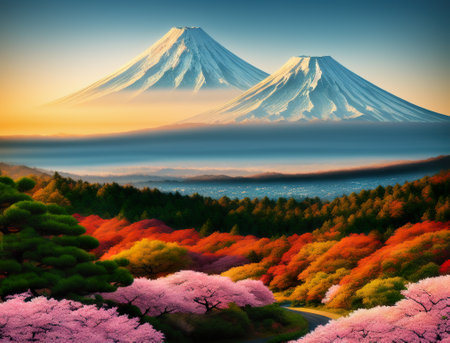 Fuji mountain and cherry blossoms in spring, Colorful Spring Season and Mountain Fuji with morning fog and red leaves at lake Kawaguchiko is one of the best places in Japan. AI generated illustrationの素材