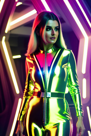 Futuristic spacesuit, astronaut, cyborg. fantasy character action. Portrait of a woman astronaut in a space suit, dreamy look up. AI generated illustrationの素材